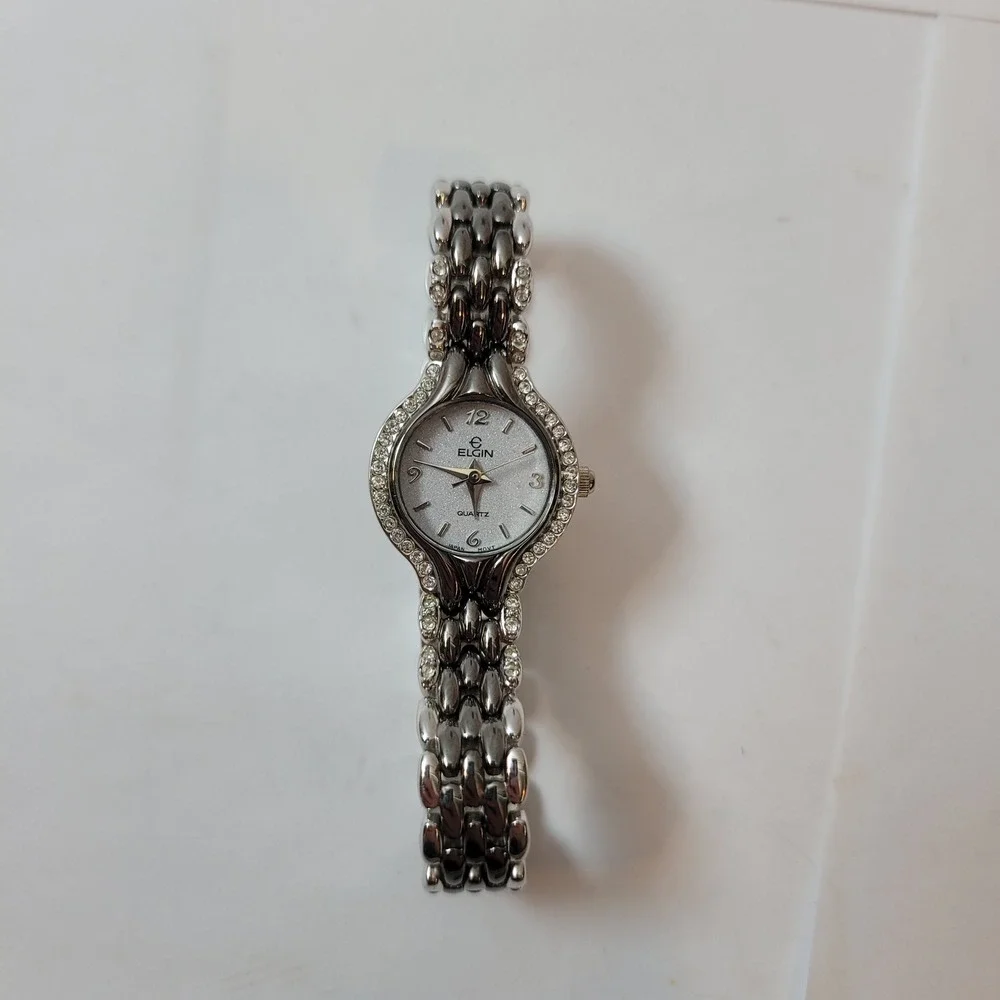 Elgin Wristwatch Women Silver Tone Crystal‎ Bezel Glitter Dial EL877-017 Vintage